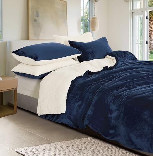 2-in-1 Teddy Sherpa Quilt Cover Set (Navy Blue, King)