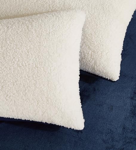 2-in-1 Teddy Sherpa Quilt Cover Set (Navy Blue, King)