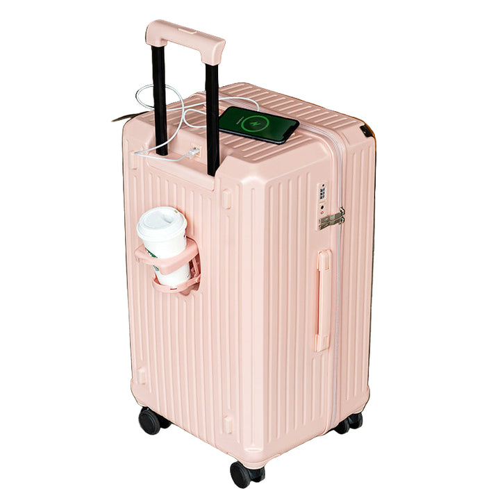 Smart Hard-Shell Luggage with USB Charging Port & Cup Holder - 24"Spinner Suitcase in Pink