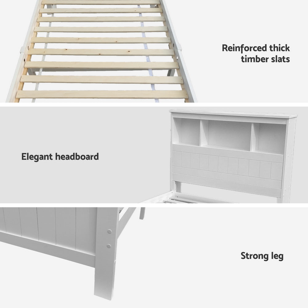 Artiss Bed Frame King Single Size Wooden with 3 Shelves Bed Head White